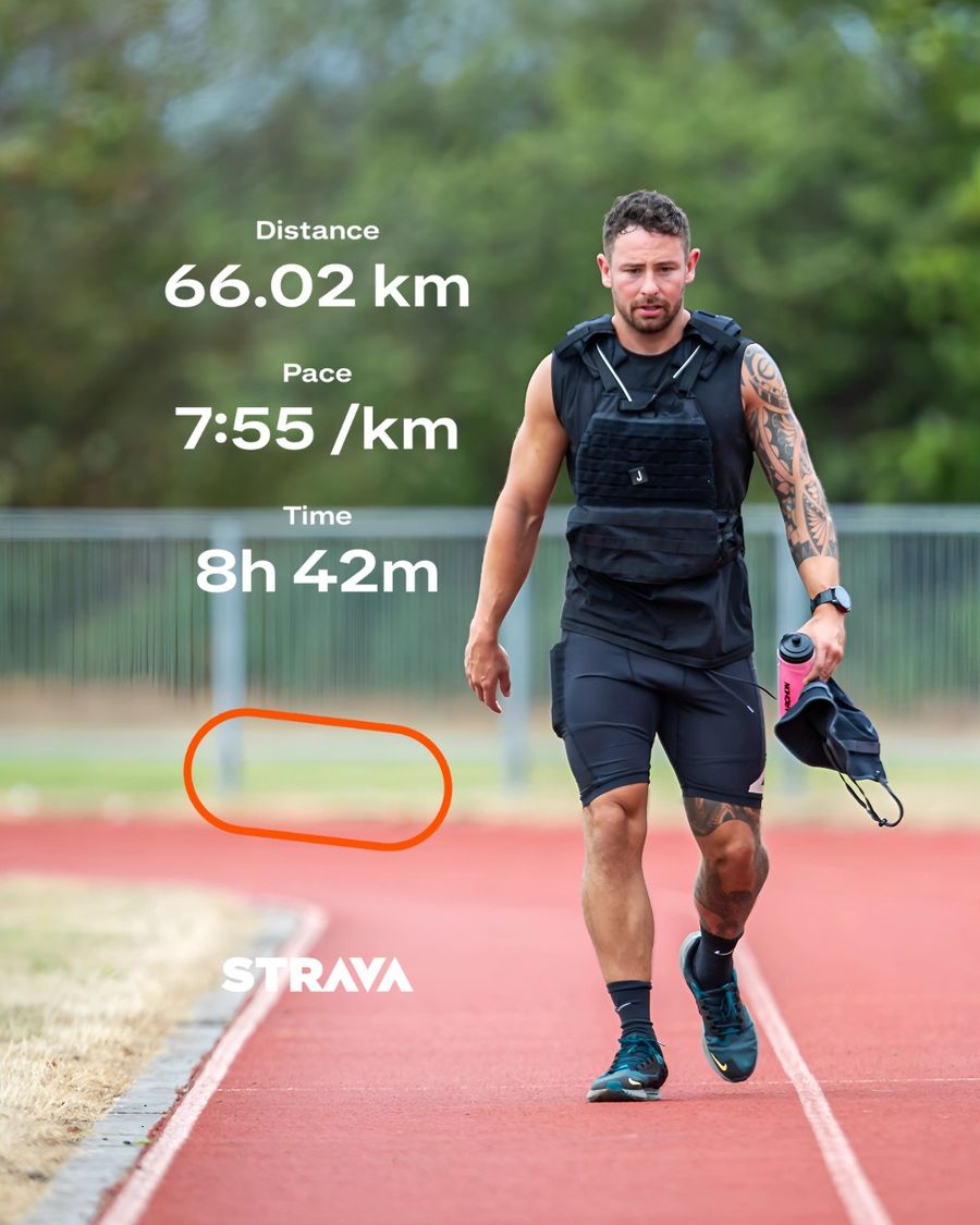 Mikey on a running track in a weighted vest, 66km in 8 hours 42 minutes